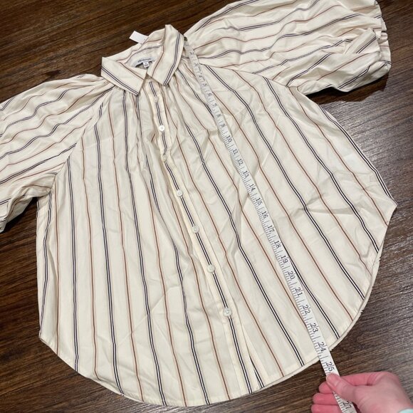 NWT Madewell Sz M Shirred Bubble-Sleeve Button-Up Shirt Poplin Coffee Tan Stripe - Picture 9 of 12